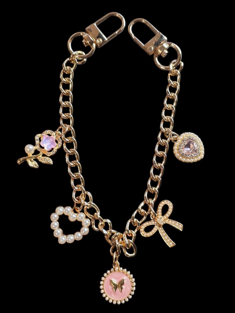 Gold-Tone Pink Charm Dangle Bag Chain- Pink Crystal